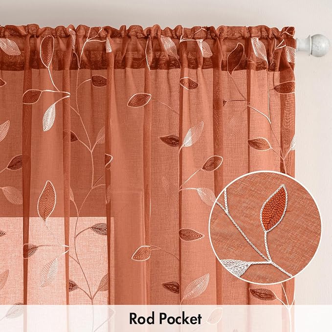 MIULEE Burnt Orange Sheer Fall Curtains 2 Panels Leaf Patterned, W52 x L63 | Embroidered Floral Semi Sheer,Rod Pocket,Faux Linen,Short Window Curtains Drapes Set for Kitchen/Bathroom/Cafe