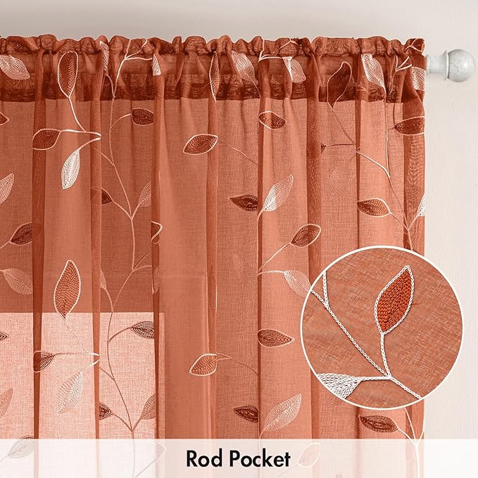 MIULEE Burnt Orange Sheer Fall Curtains 2 Panels Leaf Patterned, W52 x L84 | Embroidered Floral Semi Sheer,Rod Pocket,Faux Linen,Short Window Curtains Drapes Set for Kitchen/Bathroom/Cafe