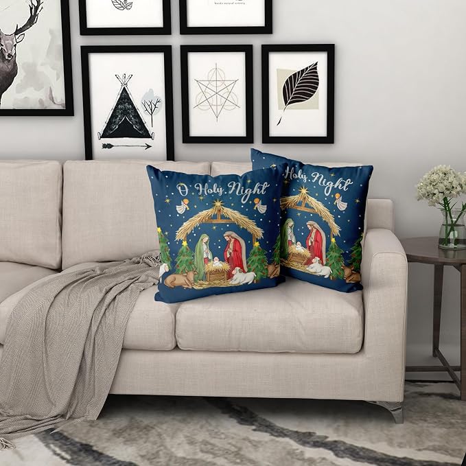 Giwawa Christmas Pillow Covers Pack of 2 20x20 Inch O Holy Night Jesus Nativity Decorative Throw Pillow Cases Xmas Blue Winter Holiday Cotton Soft Cushion Covers for Sofa Couch Patio Season