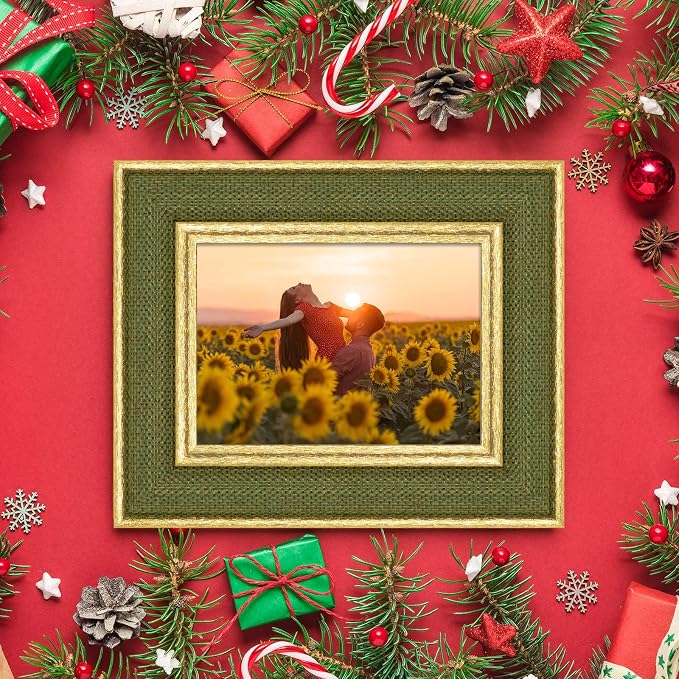 8x10 Picture Frame - Green Fabric & Vintage Gold Border HD Real Glass with Easel for Tabletop/Wall (Family Photos, Cabin Decor 2 Pack)