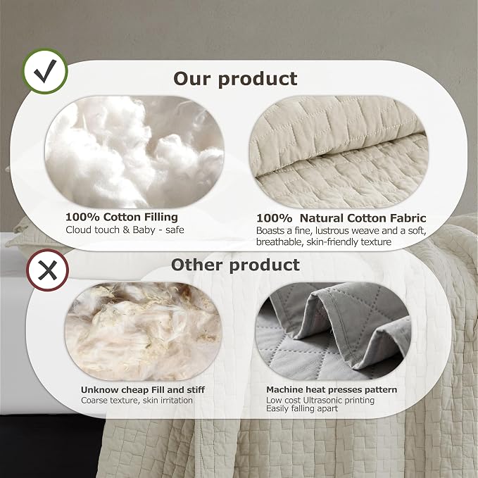palassio Beige 100% Cotton Quilt King Size Bedding Sets with 2 Pillow Shams, Textured Lightweight Soft Bedspread Shabby Chic Coverlet, Neutral Quilted Comforter Bed Cover for All Season, 3 Pieces