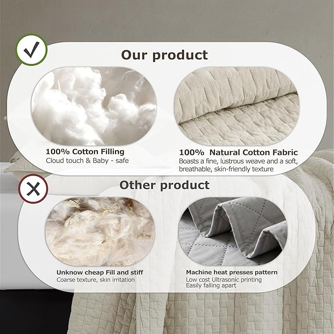 palassio Beige 100% Cotton Quilt California Cal King Size Bedding Sets with 2 Pillow Shams, Textured Oversized Lightweight Bedspread Shabby Chic Coverlet, Soft Bed Cover for All Season, 3 Pieces