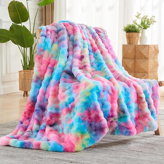 NEWCOSPLAY Faux Fur Bubble Throw Blanket for Couch, Dark Rainbow, 50"x60" | Fluffy Soft Thick Warm Bubble Blanket for Couch Sofa Bed 700GSM, Plush Cozy Luxury Decorative Throw, Gift for Women Men