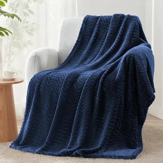 Exclusivo Mezcla Large Fleece Throw Blanket for Couch, Sofa, Navy Blue | 50"x70" Soft Breathable Lightweight Flannel Throws for Summer, Plush Cozy Jacquard Wave Blanket for Home Decor