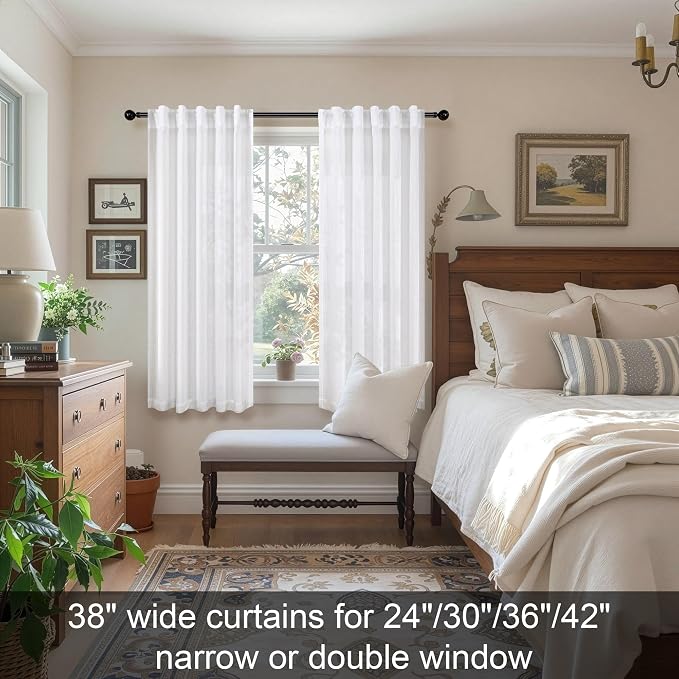 Pitalk White Curtains 38 Inch Width for Kitchen Windows 2 Panel Back Tab Rod Pocket Linen Cafe Tier Light Filtering Short Sheer Curtains for Bathroom Laundry Basement Farmhouse Decor Wide 38x45 Length