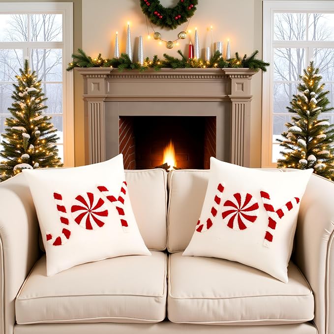 Christmas Throw Pillow Covers 18x18 inch Set of 2 Red Xmas Joy
