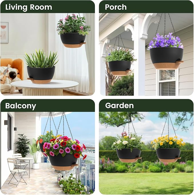2 Pack 12 Hanging Flower Pots with Chains Self Watering Plastic Planters for Indoor Outdoor Plants, Sturdy Triangular Iron Chain Design for Garden PorchPlastic hanging flower pots(2, Black Brown)
