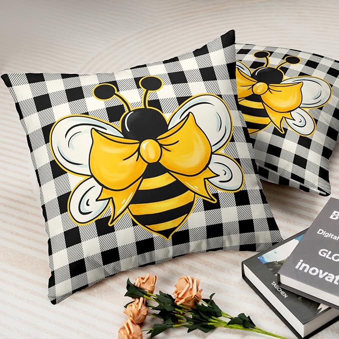 Bee Pillow Covers 16x16 Spring Summer Throw Pillow Covers Black and White Buffalo Plaid Throw Pillow Bee Decorations Home Decor for Indoors Couch Bed in 2 Pcs