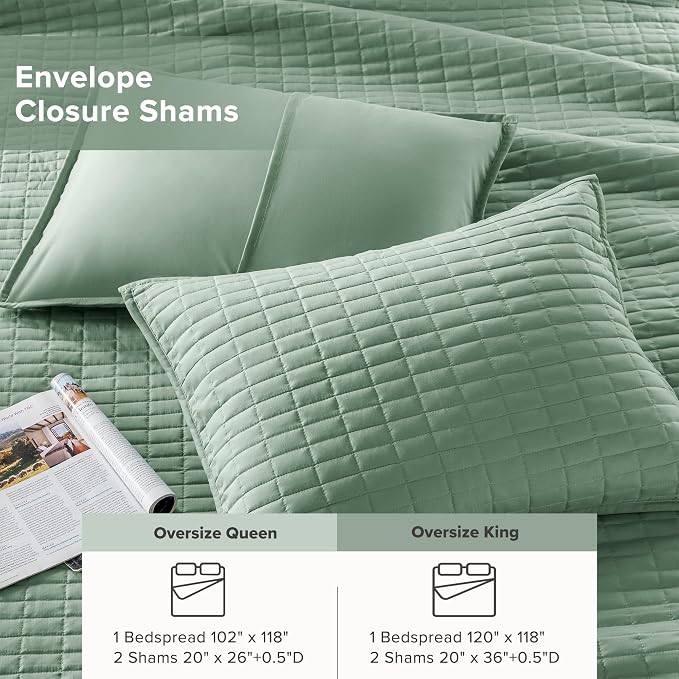 Comfort Spaces Oversized Bedspread King Quilt Set 3P 120 x 118 Sage Green | Coverlet for Summer Soft Cozy Lightweight All Season Quilted Extra Layer with Matching Sham, Bedroom Decor OEKO-TEX Certified