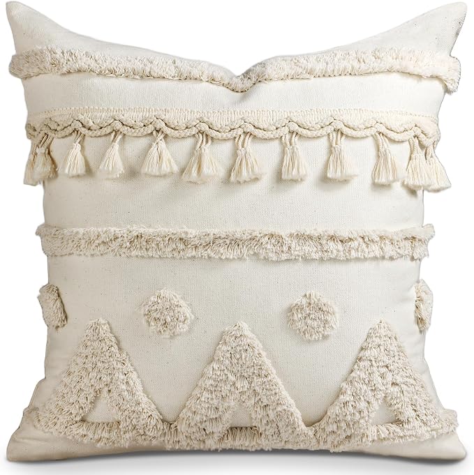Throw Pillow Covers 18x18 - Tufted Boho Decorative Pillow Cover with Zipper for Couch Sofa Bed Living Room Aesthetic Soft Farmhouse Textured Striped Indoor Pillowcase, Cream Tassel