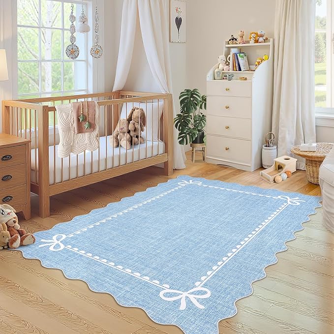 COZYLOOM Large Area Rug 9x12 Nursery Rugs Machine Washable Area Rugs for Living Room, Non Slip Stain Resistant Scalloped Bow Carpet, Non Shedding Low Pile Solid Mats for Bedroom, Dining Room, Blue