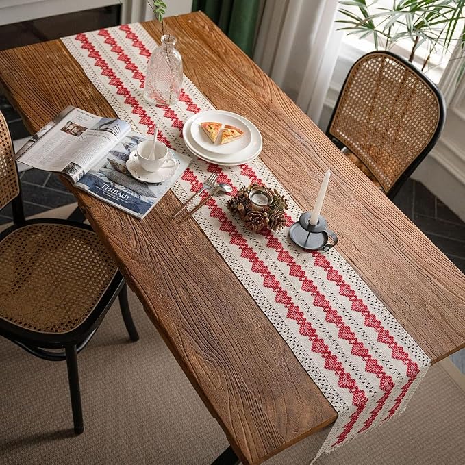 Macrame Table Runner Beige and Red Heart Boho Runners with Tassels 12x71in | Alynsehom Hand Woven Cotton Table Runner Rustic Farmhouse Table Runners for Valentine's Day Bohemian Kitchen Dining Table