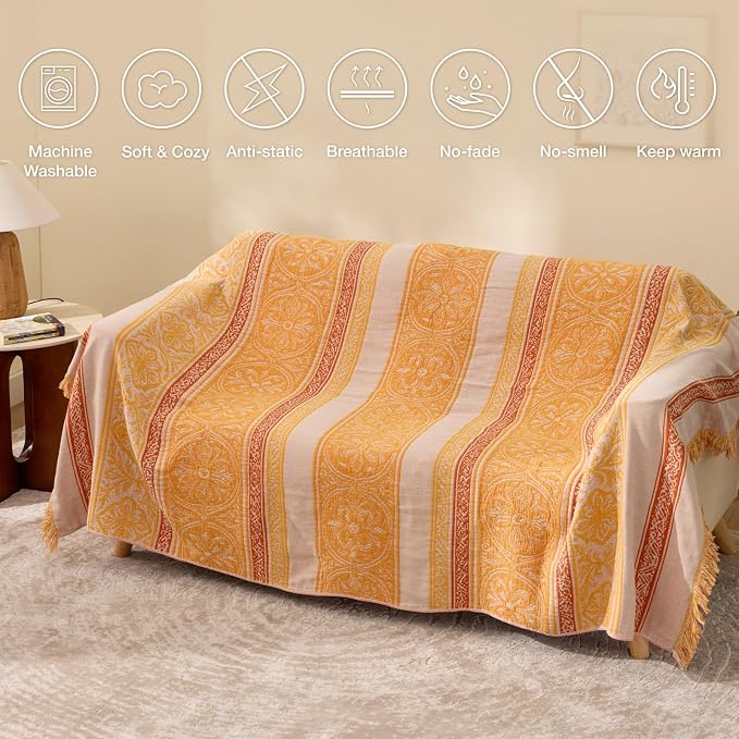 100% Cotton Boho Throw Blanket for Home Decor – Classic Farmhouse Quilt Bedding, Muslin Blankets for Adults, Vintage Woven Decorative Blanket for Couch, Bed Layering Use, Bohemian Stripe, 90"x90"