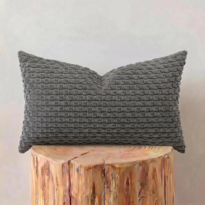 Fancy Homi Set of 2 Dark Gray Lumbar Decorative Throw Pillow Covers 12x20 Inch for Couch Living Room Bed Sofa, Modern Farmhouse Boho Home Decor, Soft Plush Grey Corduroy Rectangle Cushion Case