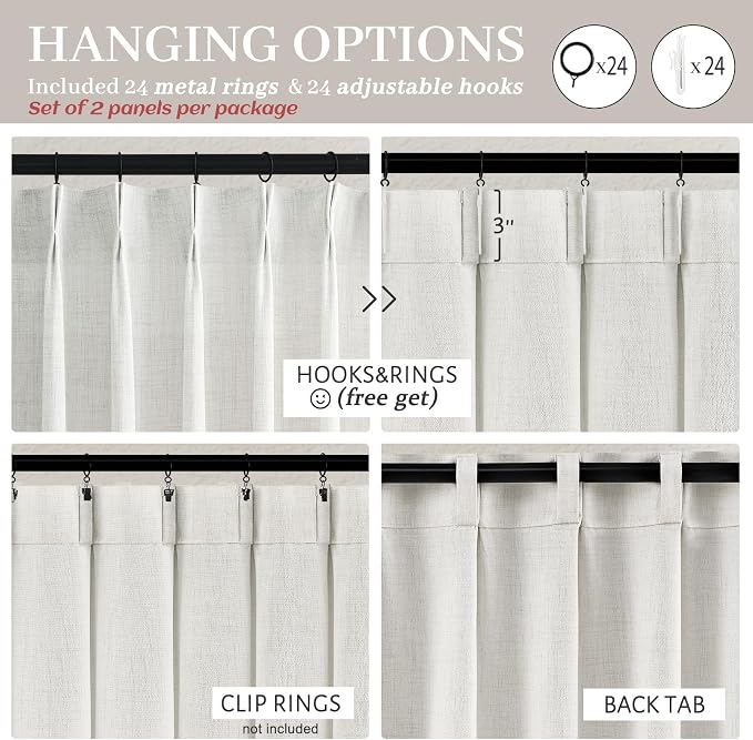 60 Inch Wide Beige White Light Filtering Curtain 92 Inches Long for Kids Room 2 Panels, Memory Shape Pleated Natural Linen Blend Semi Sheer Privacy Drapes with Back Tab Cottage Core Windows Curtain