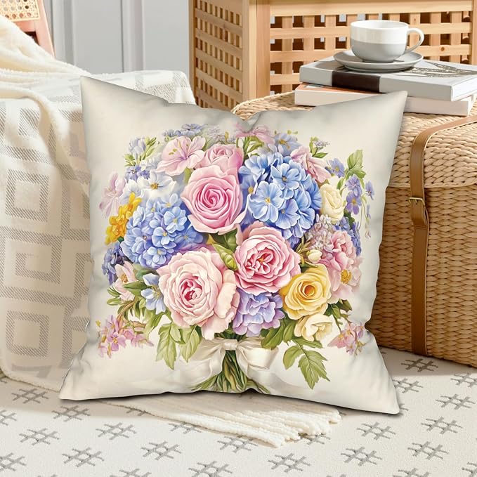 Spring Summer Floral Pillow Covers 22x22 Pink Rose Blue Hydrangea Throw Pillow Covers Exquisite Bouquet Pillow Case Flowers Cushion Case for Living Room Couch Sofa 2 Pack