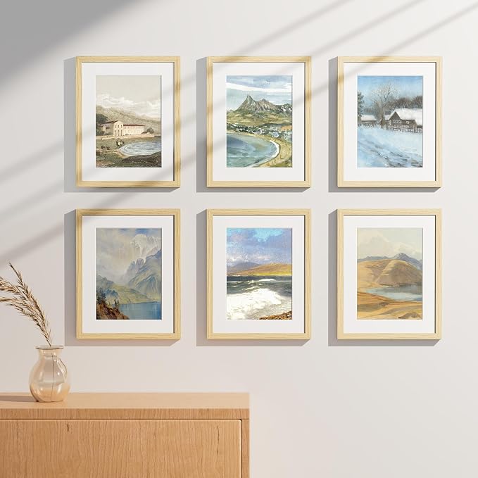 Vittanly 11x14 Picture Frames Set of 9, Shatter Resistant Plexiglass, Display 8x10 Pictures with Mat or 11x14 without Mat, Photo Frames for Wall or Tabletop, Engineered Wood, OAK | Display Pictures 8x10 with Mat or 11x14 without Mat, Engineered Wood wi...