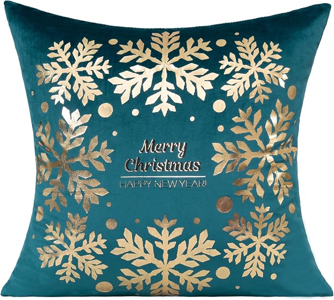 All Smiles Teal Gold Christmas Decorations Throw Pillow Covers Cases 18X18 Set of 4 Turquoise Xmas Indoor Home Décor Ornaments Velvet Navidad Cushion for Sofa Couch Tree Snowflake Reindeer