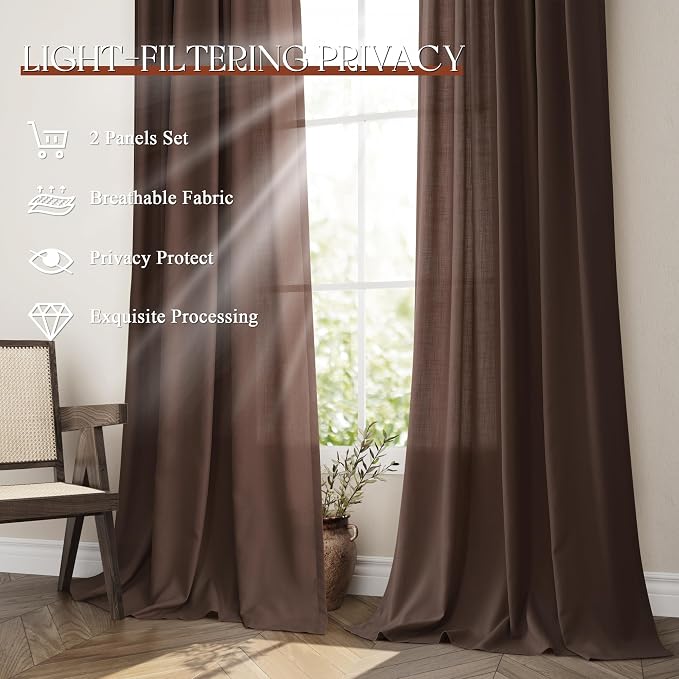 Jowels Coffee Linen Curtains 96 Inch Long 2 Panels for Living Room | Brown Light Filtering Semi Sheer Curtain,Back Tab Pocket Pleated Look,Farmhouse Textured Privacy Drapes for Bedroom Window