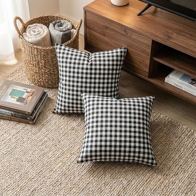 Black and White Farmhouse Boho Gingham Throw Pillow Covers 18x18 Set of 2 | Black and White Outdoor Gingham Plaid Christmas Decorative Throw Pillow Covers Set of 2, Fundas Para Cojines De Sala Navidad