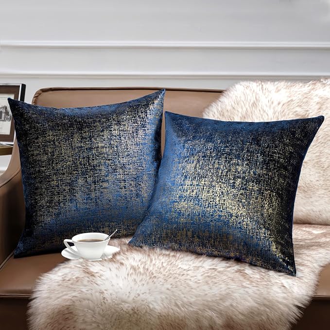 Phantoscope Pack of 2 Sparkling Velvet Geometric-Pattern Throw Decorative Pillow Cover Soft Gold Glitter Square Cushion Cover Pillowcase for Couch Bed and Chair, Navy Blue, 20 x 20 inches, 50 x 50 cm