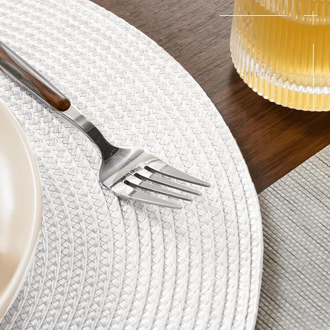 FunWheat Round Braided Placemats Set of 6 Table Mats for Dining Tables Woven Washable Non-Slip Place mats 15 inch(White, 6pcs)