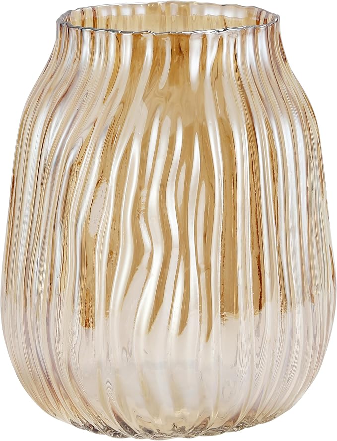 Large Amber Glass Vase for Home Decor Ribbed Tall Gold Floor Vase 8.0" Decorative Vases for Table Centerpieces Flowers Decor and Farmhouse(Brown 8.0in)