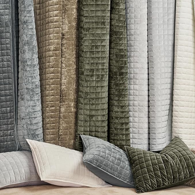 RECYCO Velvet Quilt Set, Oversized California King 118"x106", Olive Green | Channel Box Stitch Velvet Comforter Set, Ultra Soft Lightweight Bedspread Coverlet, All Season Bedding Set, with 2 Shams