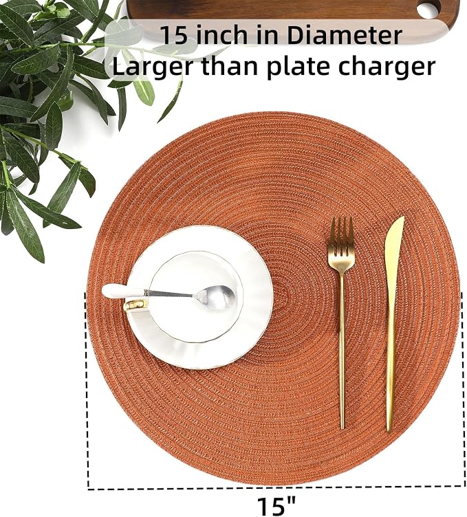 SHACOS Round Placemats Set of 8 Washable 15 inch Round Placemat Cotton Polyester Woven Braided Table Place Mats for Dining Table Wedding Party Decor, Dark Orange
