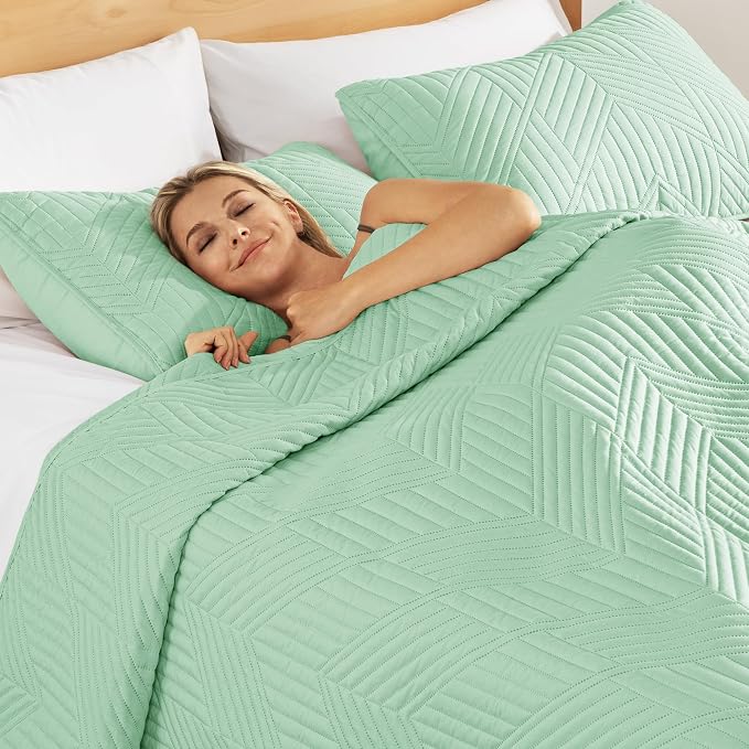 Exclusivo Mezcla Ultrasonic Full Queen Quilt Bedding Set, Mint Green | Lightweight Bedspreads, Soft Microfiber, Modern Geometric Coverlet, All Season Bed Cover, 1 Quilt and 2 Pillow Shams