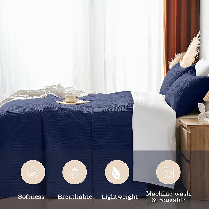 Davulos King Quilt Bedding Set,Navy Blue Ultrasonic King/Cal King Quilt Set Reversible Microfiber Bedspread,Lightweight Soft Modern Geometric Coverlet Set for All Seasons(1 Quilt,2 Pillow Shams)