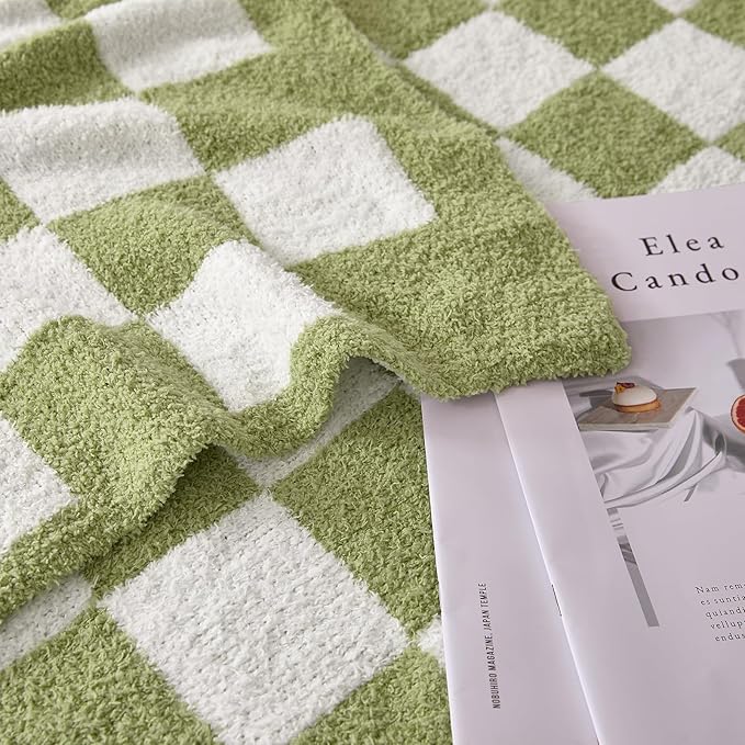 Checkered Throw Blanket for Couch, Soft Cozy Warm Knitted Blankets | Lightweight Fuzzy Travel Warm Decor for Women, Mom, Girls, Sofa, Chair, 60x80in, Sage Green