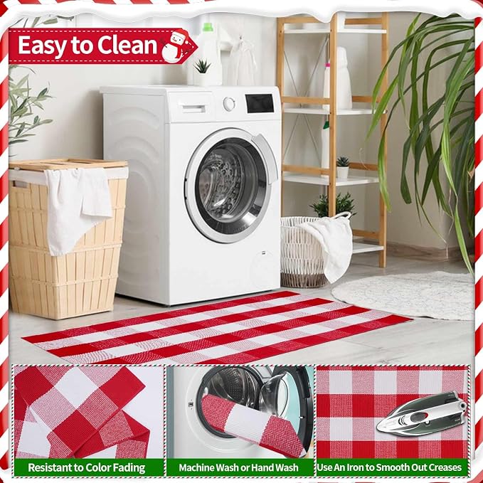 Christmas Buffalo Plaid Rug 4x6 Ft, Red White Indoor Outdoor Rug | Cotton Blend, Hand-Woven Look, Machine Washable, Layering Rug, Porch Entryway Decor