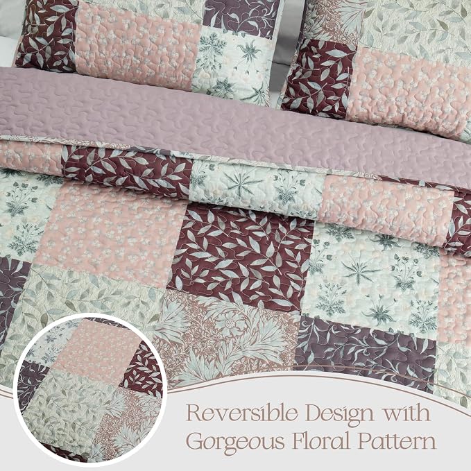 Exclusivo Mezcla Reversible Boho Quilts Queen Size Brown | Lightweight Soft Bedspreads, All Season Patchwork Coverlet Bedding Set, Printed Floral Pattern, 1 Quilt and 2 Pillow Shams