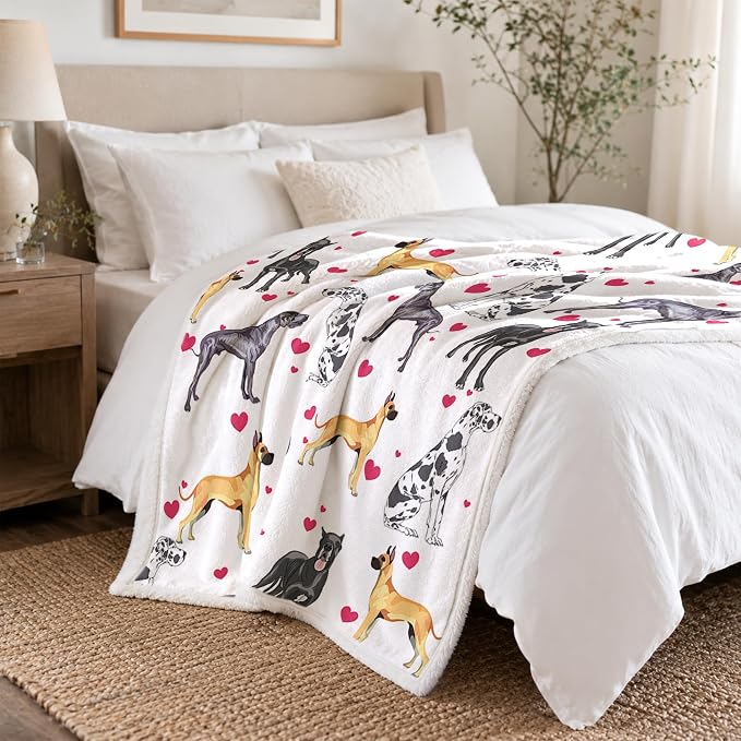 BlessLiving Throw Blanket, Dane White Black Dog Animal, 60x80 Inches | sherpa fleece fabric, Great Dense Pet Blankets Puppy Lovers print, for couch or sofa, pet lovers, easy machine care
