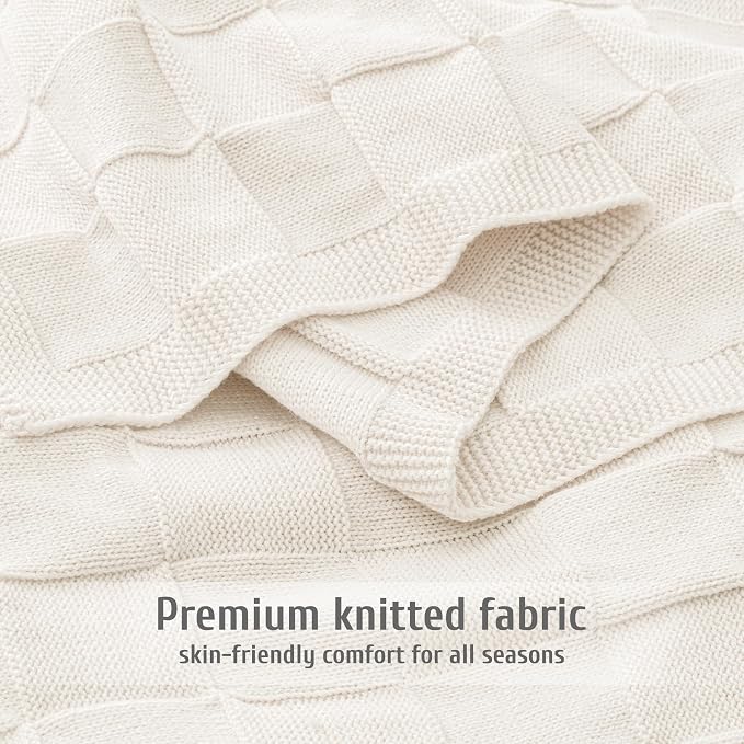 Whale Flotilla Checkered Knit Throw Blanket for Couch, Ivory | Soft Decorative Knitted Blankets for Couch Sofa Bed, Lightweight Cozy Throws for Spring Summer, 60x80 Inch