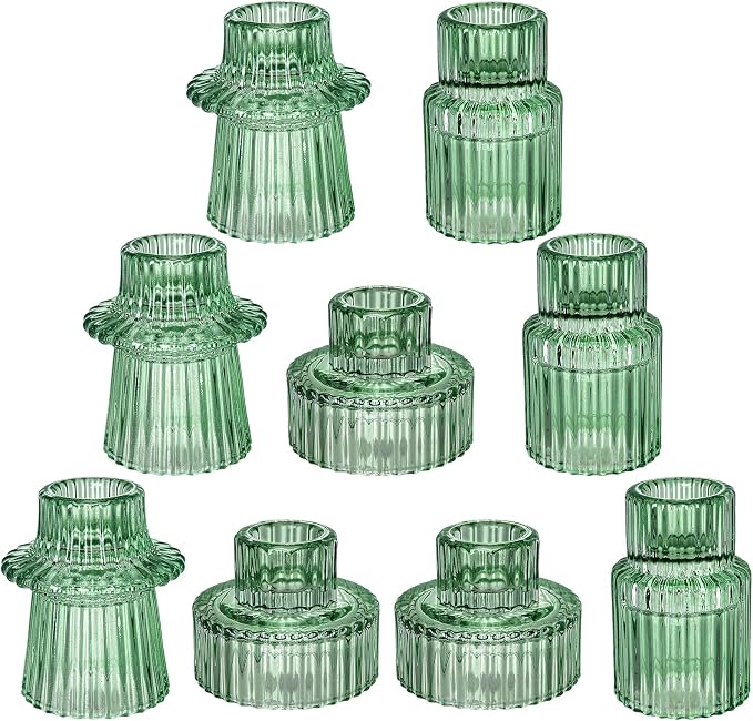 Glass Candlestick Holders - Set of 9 Green Tealight Candle Holder,3 Style Taper Candle for All Formal Events,Table Centerpieces,Wedding, Dinning,Church, Party & Festival Decoration