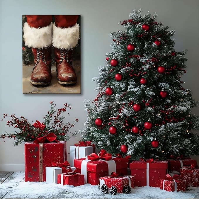 Framed Christmas Boots Wall Art 8x12inch– Rustic Winter Canvas Prints for Home Wall Decor – Farmhouse Red Christmas Pictures Wall Hanging for Living Room & Bedroom, Bathroom