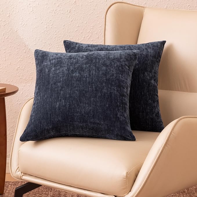 Amazon Basics Chenille Throw Pillow Covers, Home Decor Cushion Cover for Bedroom Living Room Couch Bed, 20" W × 20" L, Navy Blue