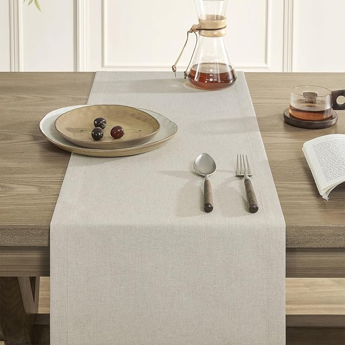 ZeeMart Basic Linen Style Table Runner, 14x36 Inch Raw Linen | Mitered Corner Design, Medium Weight Fabric, Rustic Farmhouse Style, Machine Washable Easy Care Everyday Table Scarf