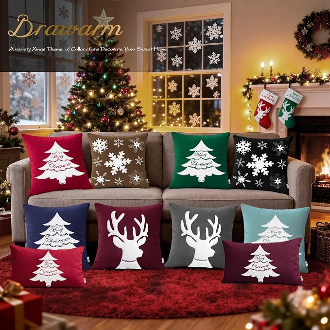 BRAWARM Christmas Pillow Cover 18 X 18 Inches, Gray Reindeer Embroidered Pillow Cover, Soft Velvet Decorative Throw Pillow for Couch Bed Sofa Living Room Home