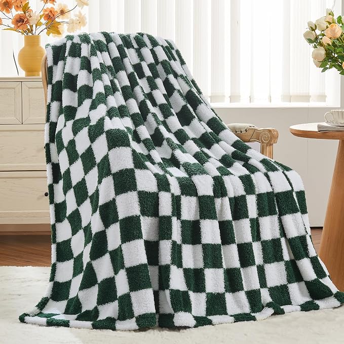 NEWCOSPLAY Knitted Throw Blanket for Couch Sofa Bed, Green White, 50"x60" | Super Soft Plush, Fuzzy Fluffy Microfiber, Lightweight Cozy Blanket for Room Decor, All Season Use, Dark Green White