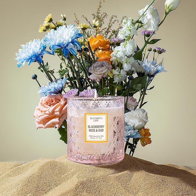 Chloefu LAN Rose Scented Candle, Oud Candle, Mothers Day Candles Gifts for Women, Pink Candles for Home Scented, 55 Hours Long Burning, 100% Natural Soy Wax