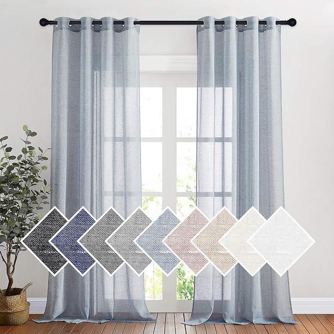 NICETOWN Linen Semi Sheer Flax Curtains 96" L, Eyelet Top Bedroom Window Privacy Translucent Light Filtering Flax Sheer Drapes for Guest Room, 104 inches Wide Total 2 Panels, Sea Mist