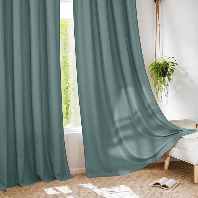 RYB HOME Linen Sheer Curtains 2 Panels for Living Room, Semi Transparent Privacy Drapes with Rod Pocket Farmhouse Style Window Treatments for Bedroom, Teal Blue, 52" W x 84" L