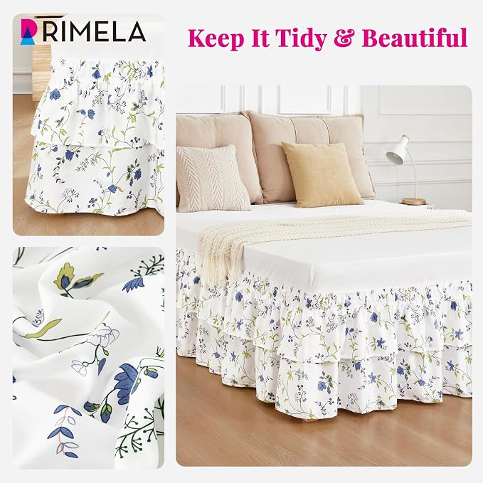 RIMELA Ruffle Bed Skirt Blue Berry Floral Queen 15 Inch Drop, Elastic Wrap Around Bed Skirting Queen Size, Easy to Install Dust Ruffle, Machine Washable Soft Fabric, Multi Ruffle Bedskirt