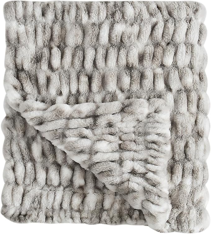 Lotus Karen Faux Fur Throw Blanket, 900 GSM Dual-Sided Soft Ruched Twin Blanket for Couch, Fluffy Cozy Fuzzy Plush Throw Gifts for Women Man Bedroom Living Room (Tie-Dye Dark Gray, 60"x80")