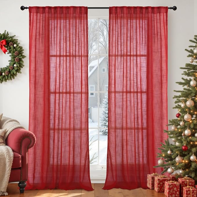 YoungsTex Red Linen Semi Sheer Curtains 84 Inch Length - Light Filtering Drapes with Back Tab Rod Pocket Lightweight for Dining Living Room Window, 2 Panels, 52 X 84 Inch