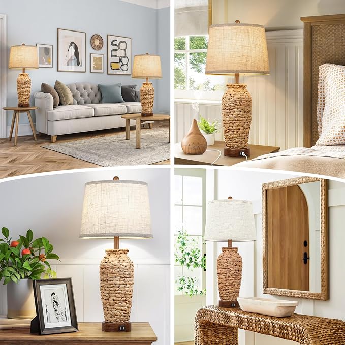 Set of 2 Rattan Table Lamps, 27in Tall Boho Table Lamps with 2 USB Charging Ports, Farmhouse Rustic Woven Seagrass Bedside Lamps for Living Room Bedroom Nightstand End Table, E26 Socket, Cream Shade