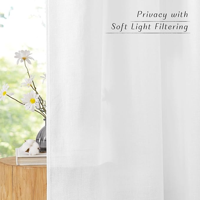 NICETOWN Linen White Curtains for Living Room, Rod Pocket & Back Tab Flax Linen Window Treatments Privacy Added with Light Filtering Drapes for Bedroom/Nursery, W55 x L95, 2 Panels